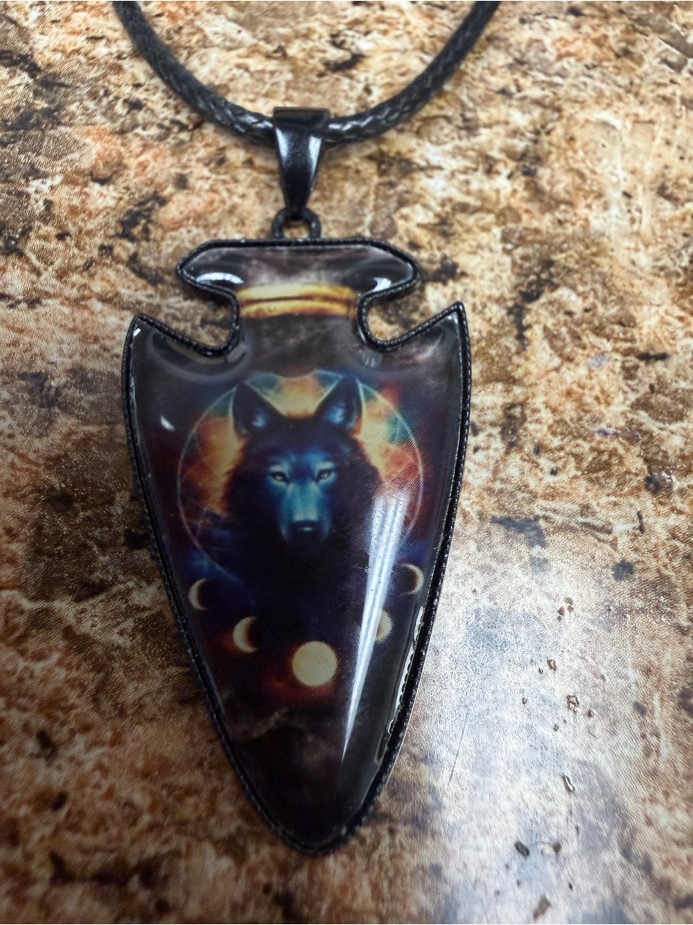 Wolf Moon Phases Arrowhead Pendant Necklace Black Cord Y2K Gothic Celestial Boho